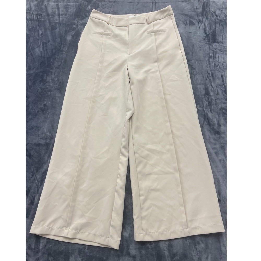 By Design Dress Pants Womens 12 Beige Stretch Pleated High Rise Cropped Wide Leg